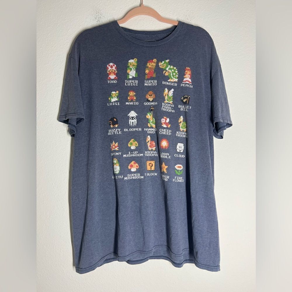 Super Mario Bros Pixel Art All Characters Classic NES T-shirt Size XL Mens Blue